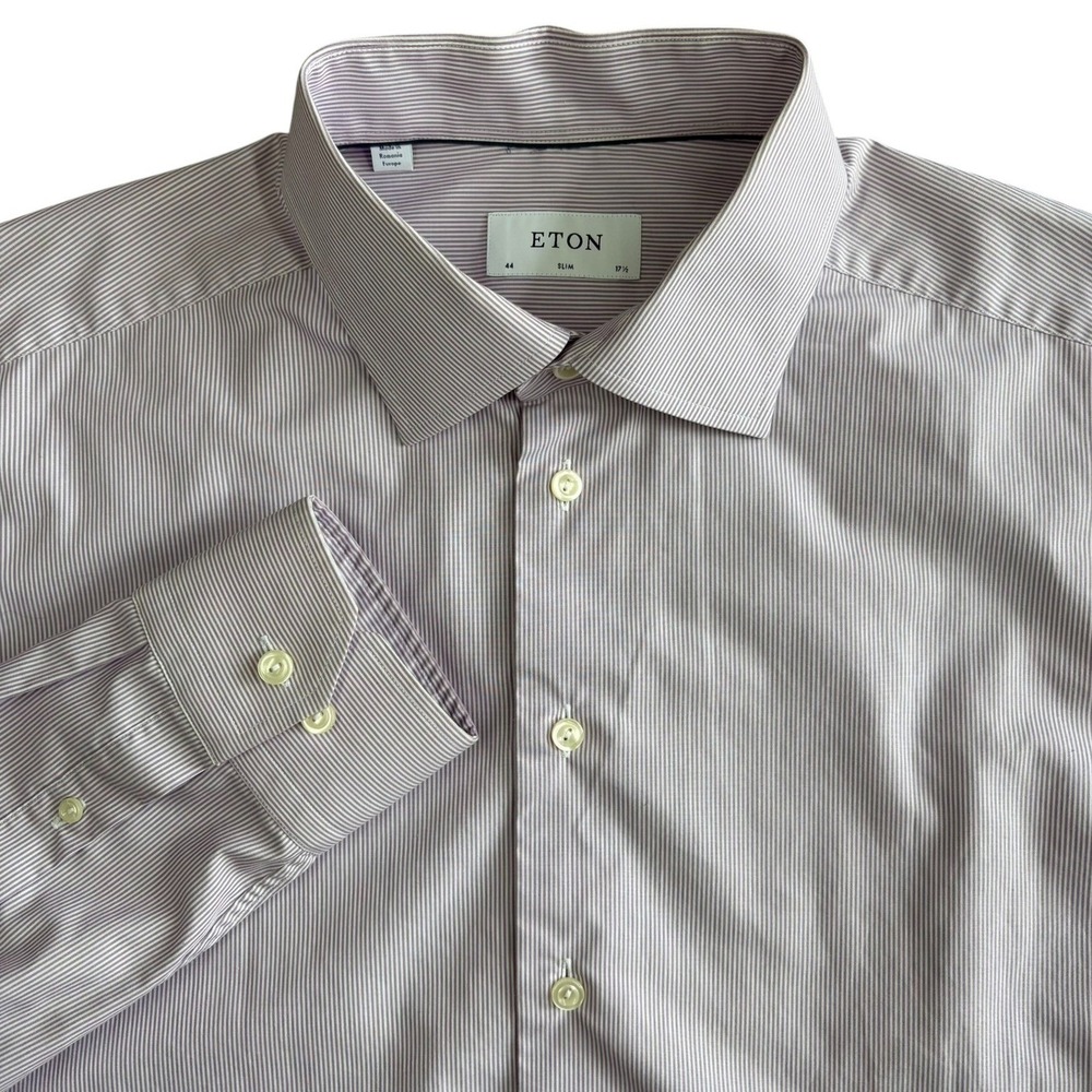 ETON Brighton Slim Fit Dress‎ Shirt Mens 17.5 Purple White Striped Spread Collar